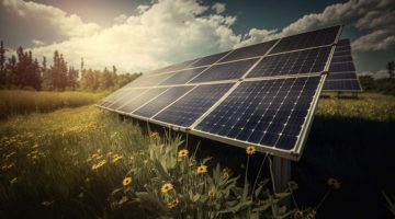 photovoltaic solar power panel in the field, green clean Alternative power energy concept.