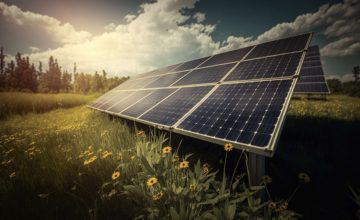 photovoltaic solar power panel in the field, green clean Alternative power energy concept.