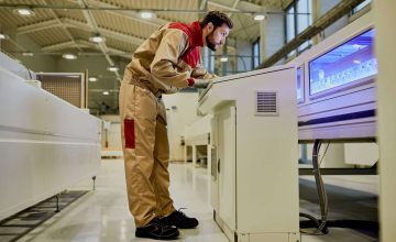Full length of factory worker working on automated production line machine at woodworking facility.